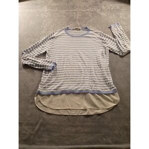 LOFT Sweater Womens Large Blue Striped Chiffon Hem Lightweight Knit Pullover